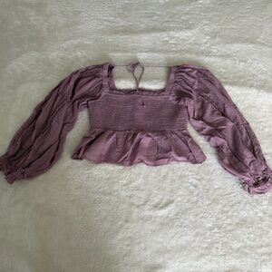 American Eagle Purple Mauve Smocked Long Sleeve Cotton Blouse